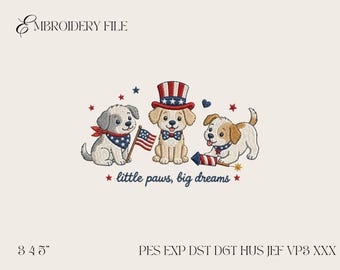 Broderidesign för små tassar, stora drömmar, patriotisk hundbroderifil, maskinmönster för USA-valp