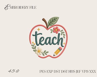 Teach Apple Embroidery Design, Floral Teacher Apple Machine Embroidery File PES DST EXP