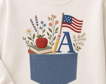 Custom Name Letter Teacher Pocket Embroidery Design File, School Pocket Floral Apple Machine Embroidery