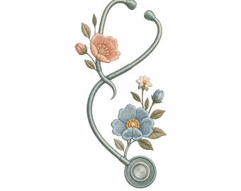 Desenho de bordado floral para estetoscópio, arquivo de bordado para enfermeira, padrão floral médico, bordado à máquina para presente de enfermeira.