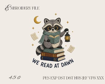 We Read at Dawn Embroidery Design, Bookish Raccoon Machine Embroidery File, Reading Lover Embroidery