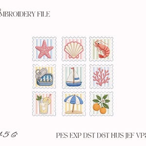 May include: An embroidery file set featuring nine square postage stamp designs with nautical and summer themes, including a starfish, seashell, shrimp, sardines, sailboat, coral, iced drink, beach umbrella, and oranges, labeled 4 5 6 inches.