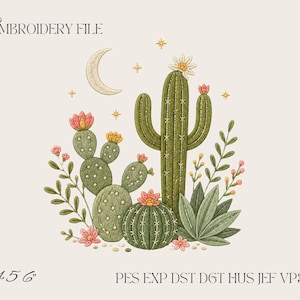 Puede incluir: Un archivo de bordado con una luna creciente, estrellas y varios cactus, incluyendo un saguaro, un nopal y un cactus de barril con flores rosas y amarillas. El texto dice EMBROIDERY FILE y 4 5 6 PES EXP DST DGT HUS JEF VP3 XXX.