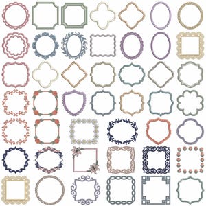 May include: A collection of forty-two diverse embroidery frame designs featuring various shapes including circles, squares, ovals, and shields. The frames display intricate patterns such as floral motifs, rope textures, and geometric borders.