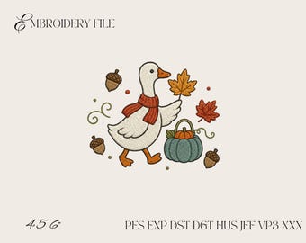 Autumn Goose Embroidery Design, Cute Fall Goose with Pumpkin Basket Machine Embroidery File PES DST EXP