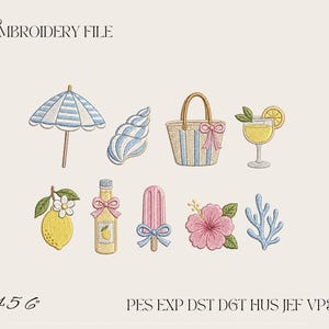 May include: An embroidery file design featuring summer icons: a blue and white striped beach umbrella, a seashell, a striped tote bag with a pink bow, a yellow cocktail, a lemon with a flower, a bottle, a pink popsicle, a hibiscus, and coral.