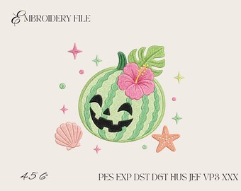 Desenho de bordado de abóbora de Halloween com melancia, arquivo de bordado à máquina para o Halloween de Verão, abóbora tropical PES DST JEF