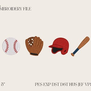 May include: An embroidery file featuring baseball-themed designs. The image includes a baseball, a glove, a helmet, and a bat. The baseball is white with red stitching. The glove is brown, and the helmet is red. The bat is brown with a blue handle. Text: EMBROIDERY FILE, 3 4 5".