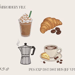 Puede incluir: Un archivo de bordado que muestra un café helado marrón con nata montada, un cruasán dorado, una cafetera moka plateada con vapor y una taza de café con un trozo de pastel. El texto incluye EMBROIDERY FILE, 4 5 6 y PES EXP DST DGT HUS JEF VP3 XXX.