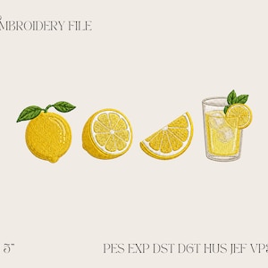 Könnte beinhalten: Stickdatei mit einer ganzen Zitrone, einer Zitronenhälfte, einer Zitronenscheibe und einem Glas Limonade mit einer Zitronenscheibe und Minzblättern. Der Text "EMBROIDERY FILE" steht oben.