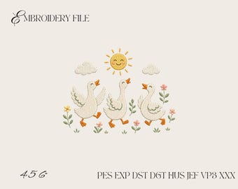 Dancing Geese Embroidery Design, Cute Spring Goose Trio Machine Embroidery File PES DST EXP