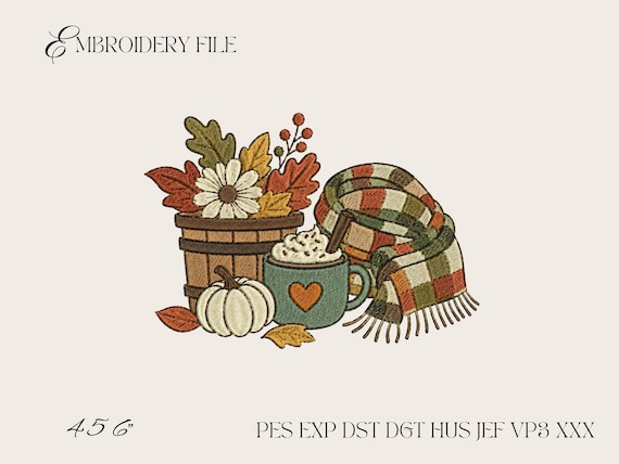 Cozy Fall Blanket Embroidery Design, Autumn Pumpkin Coffee Machine Embroidery Files