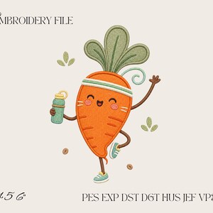 May include: An embroidery file design featuring an orange carrot character with a green leafy top, wearing a white and green headband and blue trainers. The carrot holds a light green water bottle, has a smiling face, and is surrounded by small green leaf accents and brown circular shapes. Text includes EMBROIDERY FILE, 4 5 6, and PES EXP DST DGT HUS JEF VP3 XXX.