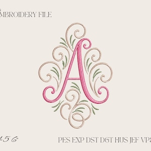 Puede incluir: Un diseño de archivo de bordado que presenta una letra A estilizada de color rosa, centrada dentro de un marco simétrico intrincado de remolinos de color marrón claro y pequeñas hojas verdes. El texto EMBROIDERY FILE, 4 5 6 y formatos son visibles.