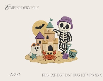 Desenho de Bordado de Castelo de Areia com Esqueleto, Arquivo de Bordado à Máquina para Praia Assustadora de Halloween, Summerween