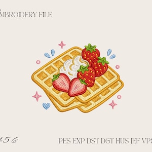 Puede incluir: Un archivo de bordado que muestra dos gofres dorados cubiertos con nata montada blanca y tres fresas rojas. El diseño incluye pequeñas estrellas rosas, corazones azules y círculos. Texto: EMBROIDERY FILE y 4 5 6 PES EXP DST DGT HUS JEF VP3 XXX.