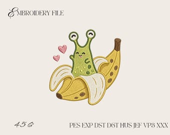Desenho de bordado de caracol fofo em banana, arquivo de bordado à máquina de caracol kawaii, animal de fruta engraçado