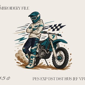 Puede incluir: Un archivo de bordado que muestra a un piloto de motocross con casco, sudadera y pantalones de color verde azulado, apoyado en una moto de cross del mismo color con el número 7. Incluye el texto EMBROIDERY FILE, 4 5 6 y PES EXP DST DGT HUS JEF VP3 XXX.