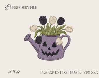 Desenho de Bordado de Regador de Abóbora de Halloween, Arquivo de Bordado à Máquina para Jardim de Halloween, Vaso de Abóbora
