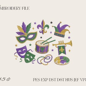 Mardi Gras Embroidery Design, Carnival Mask Drum Beads Machine Embroidery File, New Orleans Festival