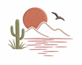 Desenho de bordado pôr do sol no deserto, arquivo de bordado de paisagem do sudoeste americano, cena com cactos, deserto do Arizona, bordado à máquina