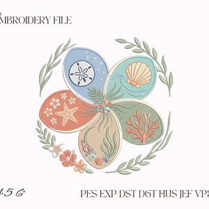 May include: An embroidery file design featuring a five-petal flower shape, with each petal containing coastal elements like a sand dollar, seashell, starfish, coral, and seaweed. The design includes surrounding leaves and flowers, with text reading EMBROIDERY FILE, 4 5 6, and PES EXP DST DST DGT HUS JEF VP3 XXX.