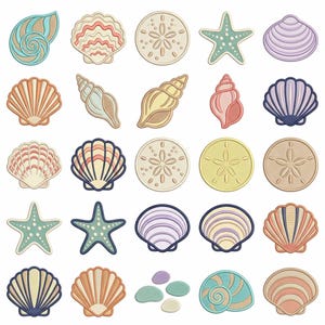 May include: A collection of twenty-five embroidered patches featuring various sea life designs, including assorted seashells, starfish, and sand dollars in shades of blue, pink, yellow, purple, and tan, arranged in a grid on a white background.
