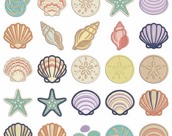 Pacote de Bordados de Conchas Costeiras, Arquivos de Bordado à Máquina de Conchas, Estrelas-do-mar e Dólares-da-areia