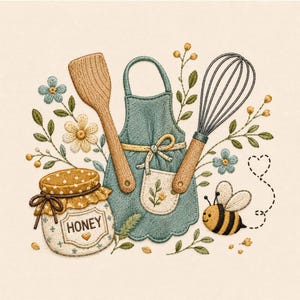 Op de afbeelding: Geborduurde illustratie van keukengerei en honing. Voorzien van een houten lepel, garde en een blauwgroene schort met een zak. Een pot honing met het label "Honey" en een bij zijn ook inbegrepen. Bloemen- en bladaccenten.