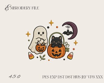 Cute Ghost and Black Cat Halloween Embroidery Design, Pumpkin Trick or Treat Machine Embroidery File