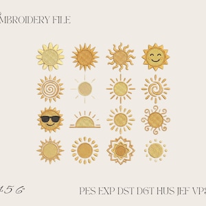 Puede incluir: Una colección de archivos de bordado digital con dieciséis iconos de sol amarillos y dorados dispuestos en una cuadrícula. Los diseños incluyen varias formas de sol, algunas con caras, gafas de sol o rayos en espiral. El texto dice EMBROIDERY FILE, 4 5 6 y PES EXP DST DGT HUS JEF VP3 XXX.
