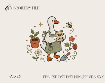 Gardening Goose Embroidery Design, Cute Garden Goose Machine Embroidery File, Plant Lover Goose with Seeds