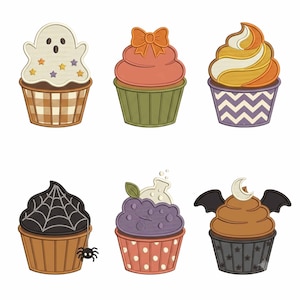 May include: Six illustrated cupcakes with various toppings including a ghost, a bow, swirls, a spider web with a spider, a potion bottle, and bat wings. The cupcakes feature diverse liners with patterns like plaid, chevron, dots, and stars.