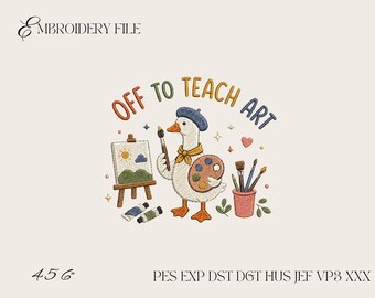 Off to Teach Art Goose Embroidery Design, Cute Art Teacher Goose Machine Embroidery File, Painter Goose