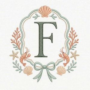 May include: An embroidered design featuring the letter "F" in a sea-themed frame. The frame includes seashells, starfish, coral, and a bow in shades of peach, green, and beige. The letter "F" is in a dark green color.
