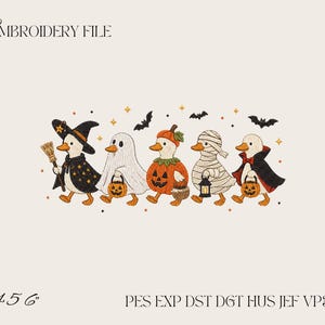 May include: An embroidery file design featuring five ducks in Halloween costumes: a witch with a broom, a ghost, a pumpkin, a mummy with a lantern, and a vampire. Each duck carries a small orange jack-o'-lantern bucket. Small black bats and gold stars surround the ducks. Text reads EMBROIDERY FILE and 4 5 6 PES EXP DST DGT HUS JEF VP3 XXX.