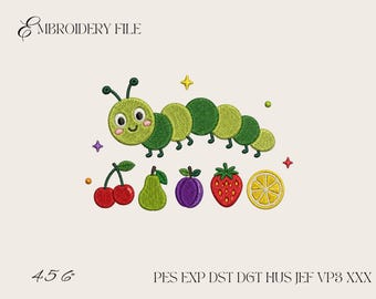 Cute Caterpillar Embroidery Design, Smiling Caterpillar Machine Embroidery File, Fruit Caterpillar