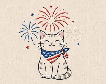 Patriotisk kattbroderidesignfil, USA Fireworks Kitty maskinbroderimönster