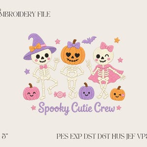 Disegno per ricamo Spooky Cutie Crew, file Halloween Skeleton Trio, ricamo a macchina Cute Pumpkin Ghost PES DST JEF VP3
