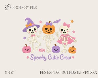 Wzór haftu Spooky Cutie Crew, plik Halloween Skeleton Trio, uroczy dyniowy duch PES DST JEF VP3 do haftu maszynowego