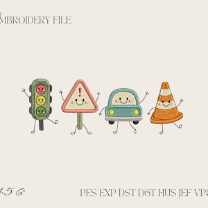 Puede incluir: Un archivo de bordado con cuatro personajes antropomórficos: un semáforo verde, una señal de advertencia triangular, un coche azul y un cono de tráfico naranja, todos con caras sonrientes. Texto: EMBROIDERY FILE 4 5 6 PES EXP DST DGT HUS JEF VP3 XXX.