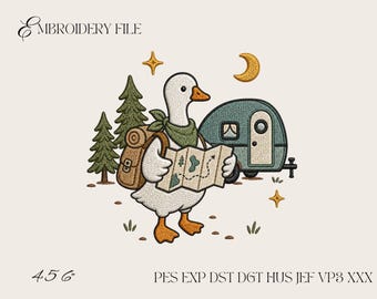 Camping Goose Embroidery Design, Cute Adventure Goose Machine Embroidery File, Camper Goose with Map