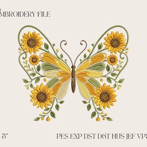 Disegno per ricamo a macchina con girasole e farfalla, file di insetto monarca floreale estivo, modello per ricamo a macchina PES