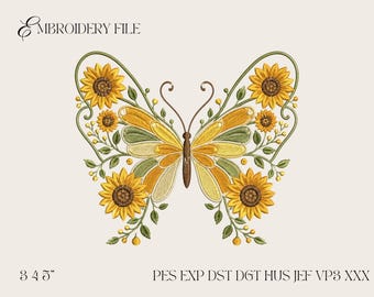 Desenho de Bordado à Máquina de Borboleta Girassol, Arquivo de Bordado à Máquina de Inseto Monarca Floral de Verão, Padrão de Bordado à Máquina PES