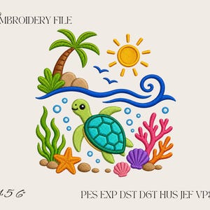 May include: An embroidery file design featuring a green sea turtle swimming underwater with blue bubbles, orange starfish, pink and purple seashells, green seaweed, and orange coral. Above the water line is a palm tree, sun, and birds.