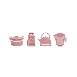 May include: A collection of pink kitchen tools, including a pot with a lid, a grater, a kettle, and a measuring cup. Each item has a white stripe. The items are embroidered on a white background.