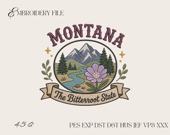 Montana The Bitterroot State Embroidery Design, Mountain Landscape Machine Embroidery File, State Flower Nature