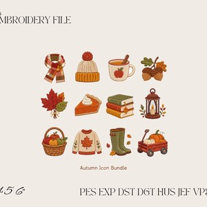 Paquete de iconos de otoño para bordado, archivos de bordado a máquina con hojas de calabaza otoñales acogedoras.