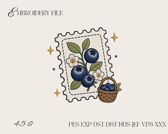 Blueberry Postage Stamp Embroidery Design, Vintage Botanical Berry Machine Embroidery File, Cottagecore