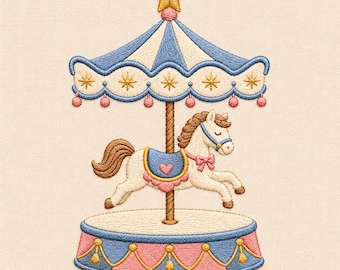 Carrousel paard borduurontwerp, vintage draaimolen borduurbestand, kinderkamerontwerp, borduurwerk babymeisje
